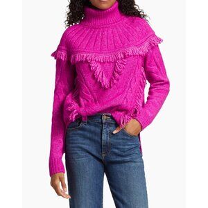 Ramy Brook PINK Mya Fringe Cable-Knit Sweater size XL